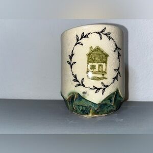 Handmade Studio Pottery Mug Folk Art House Signed Crackle Glaze Spiky Base